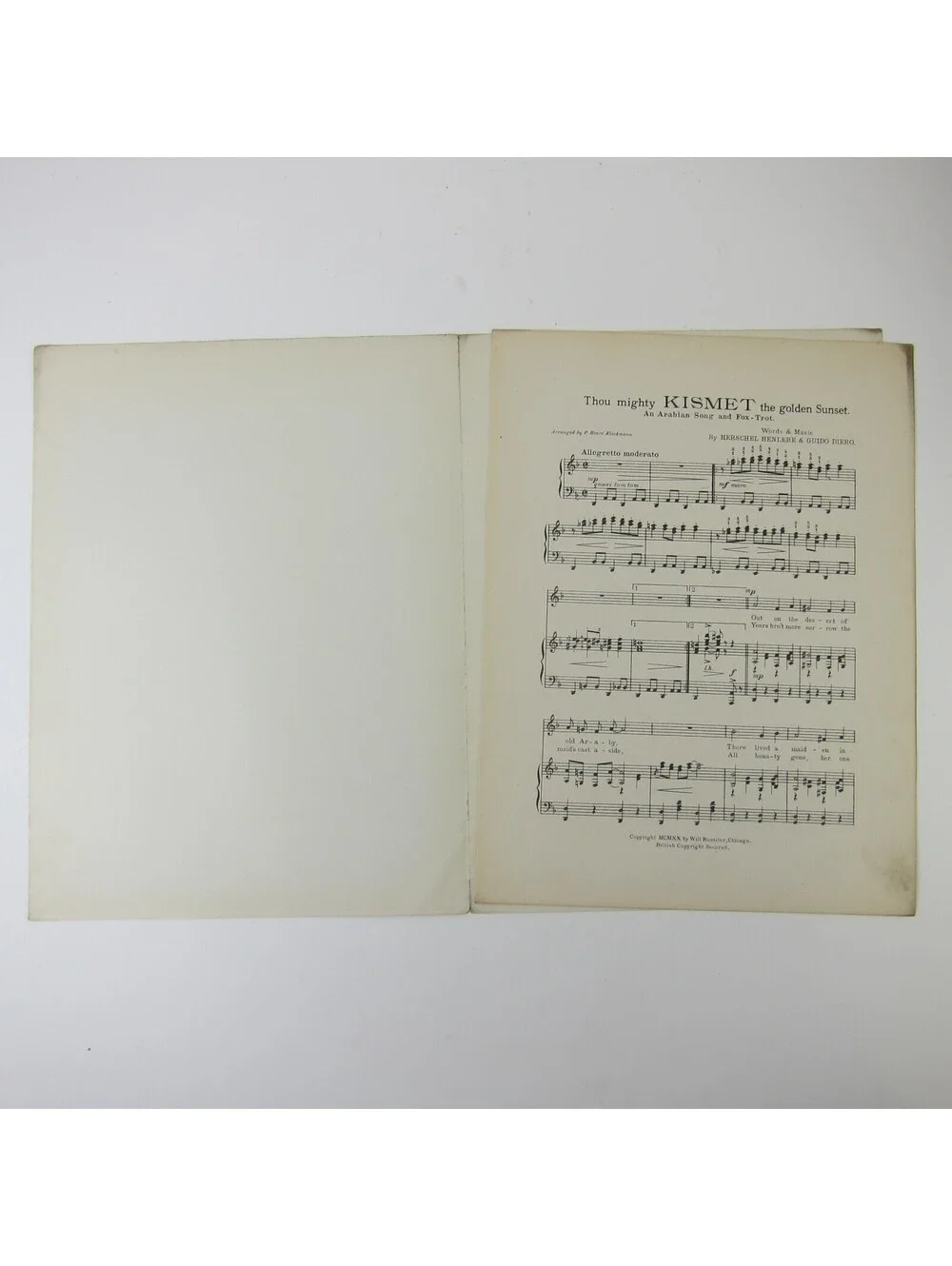 Sheet Music Kismet Arabian Fox Trot Herschel Henlere Guido Diero Antique 1920